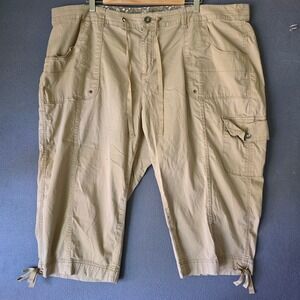 Faded Glory Cargo Capri Pants Womens 26W Tan Khaki Drawstring Tie Hem Stretch